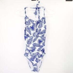 NWOT Feather Print Blue White One Piece Swimsuit Halter Neck Keyhole Size Small